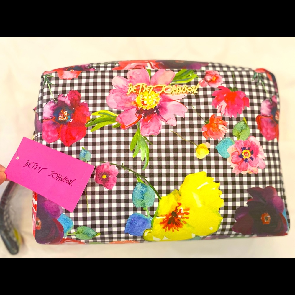 NWT Betsey Johnson Floral & Gingham 2- Zipper Cosmetics Bag!